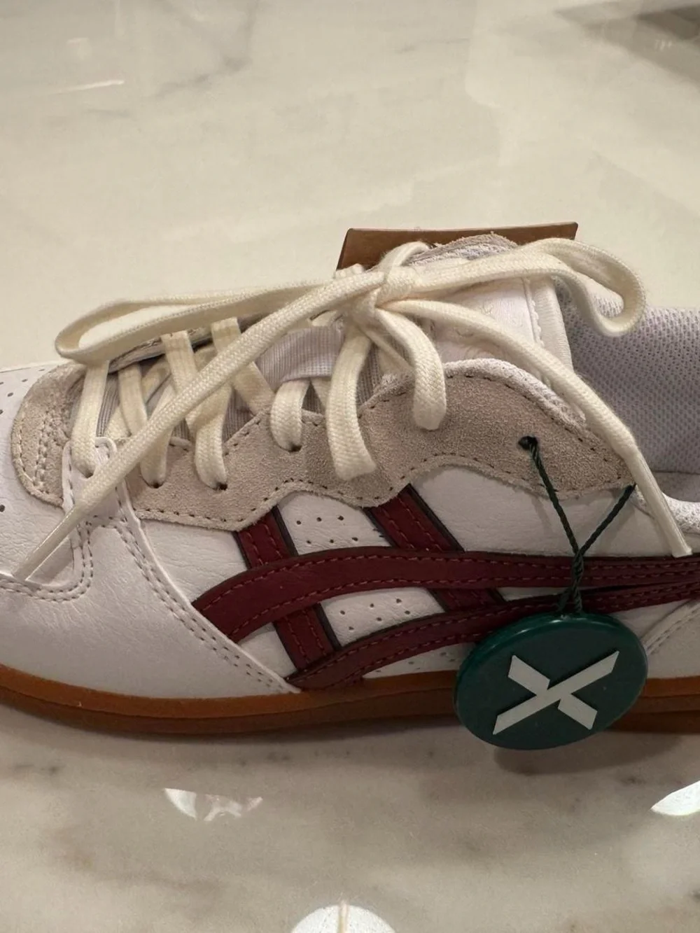 ASICS White Sneakers with Maroon Stripes and Gum Sole